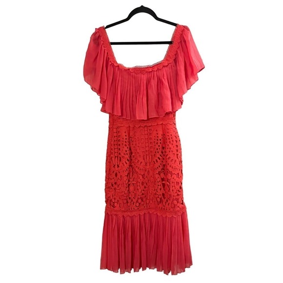 TEMPERLEY LONDON Pink Coral Berry Lace Cocktail Dress Ruffle - Sz 4 - Picture 6 of 6